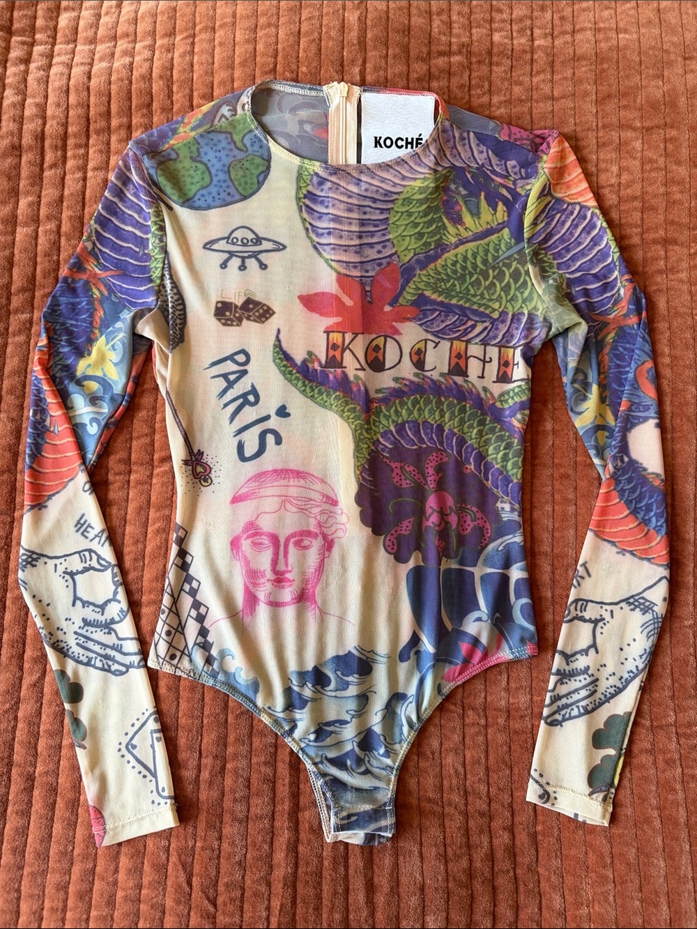 KOCHÉ Multicolor Tattoo Printed Long Sleeve Bodysuit